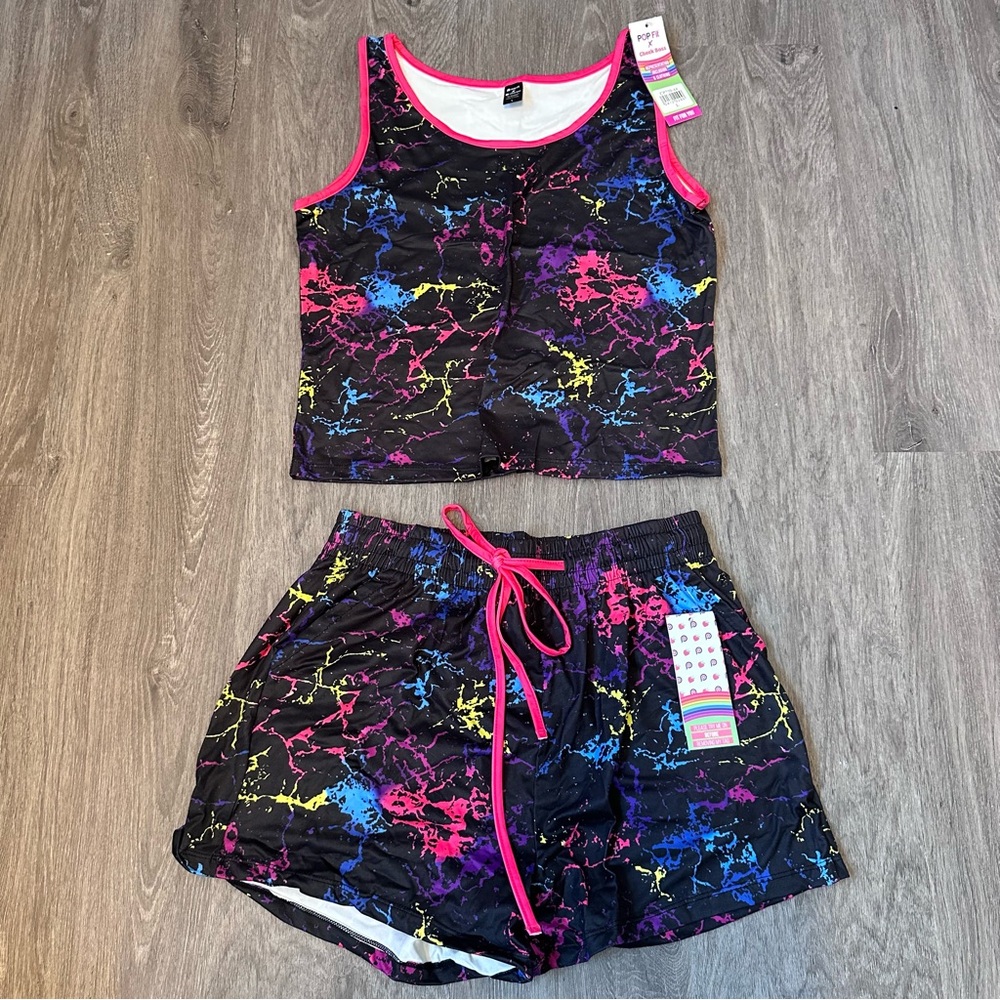 POP Fit X Cheek Boss | Black & Paint Splatter Tank & Shorts PJ Set | Size L